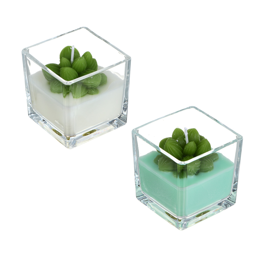 Свеча - кактус, парафин, 6x6,5 см, стеклянный подсвечник - #1