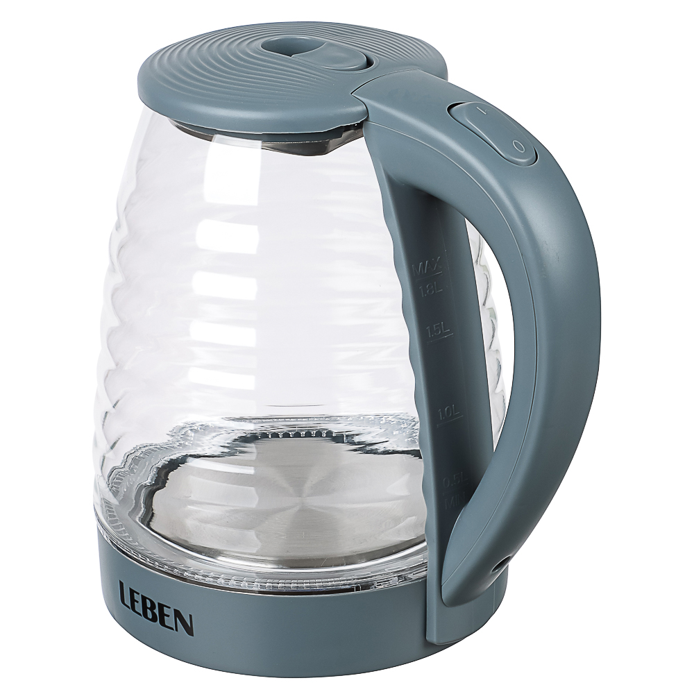 LEBEN Чайник электрический 1,8л стекло, серый, рифленое стекло - #7