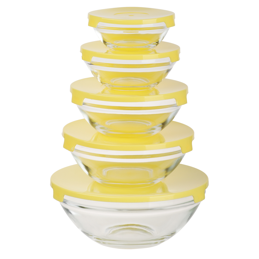 MILLIMI Набор салатников с крышкой 5 шт: 900/ 500/350/200/130 мл, стекло, пластик, желтый - #1