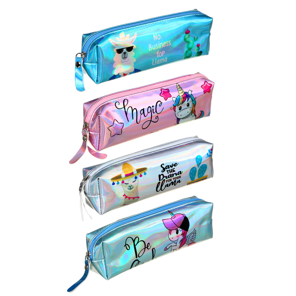 Пенал прямоугольный 19х5х4,5см, ТПУ цвета "металлик" с цветной печатью, 4 дизайна "Ламы / Единороги" - #1