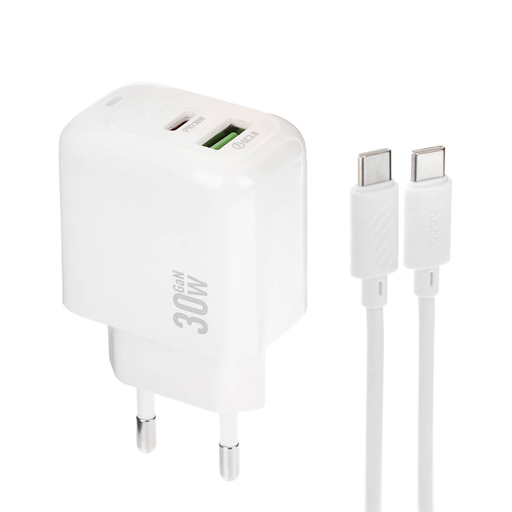 hoco. Зарядное устройство модель CS55A, USB+C 30W+ Кабель для зарядки С-С, цвет: белый - #10