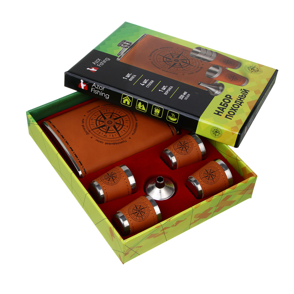 Набор походный тм AZOR FISHING, фляга, 4 стопки, воронка, нержав.сталь - #6