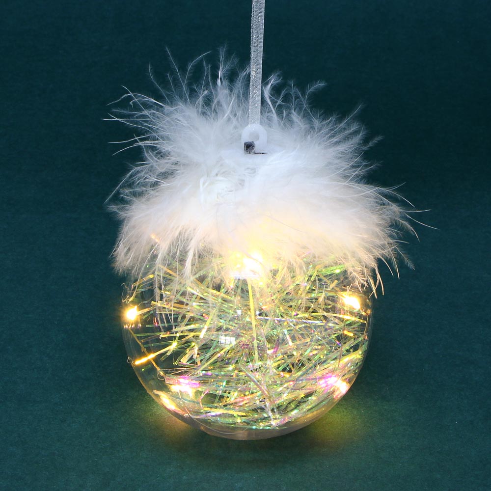 Шар новогодний Сноубум с перьями и подсветкой LED, 8 см - #3