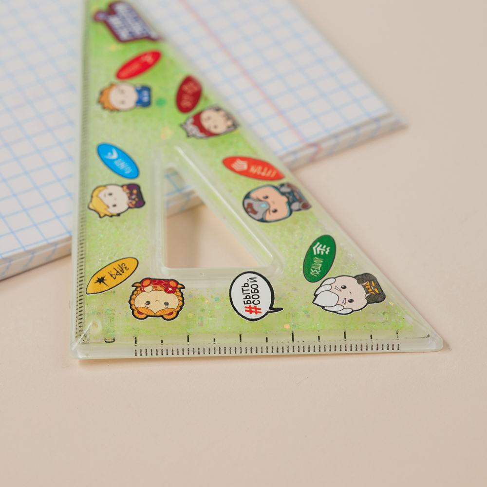 BY Русские Супергерои Угольник 10см, 30/60 градусов, принт, подвижные блестки в геле, "Кавай", 3 цв. - #10