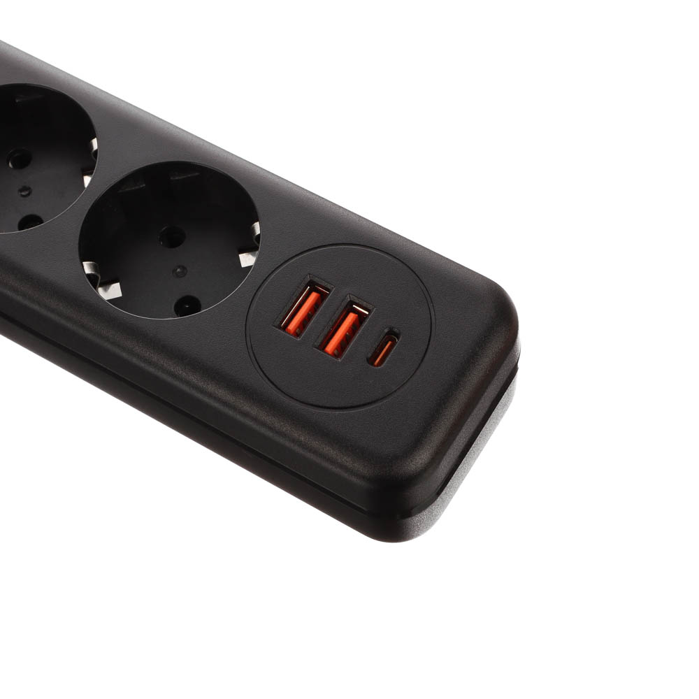 BY Удлинитель, сетевой фильтр Black 4 розетки, 3 м, 2*USB, 1*type-C,выкл., 2500Вт, чёрный - #4