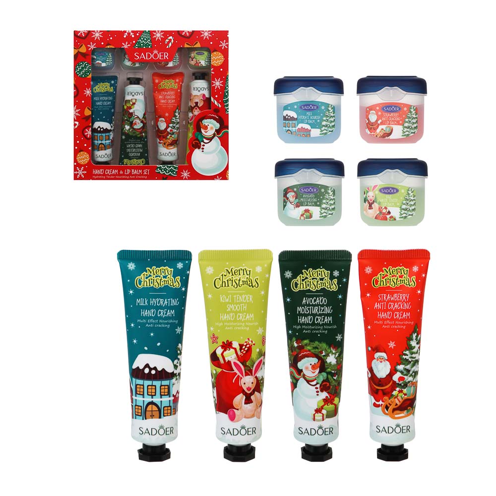 Набор 8 шт (кремы для рук 4 шт х 30гр, бальзамы для губ 4 шт х 7гр) тм SADOER Merry Xmas, подар.уп. - #1