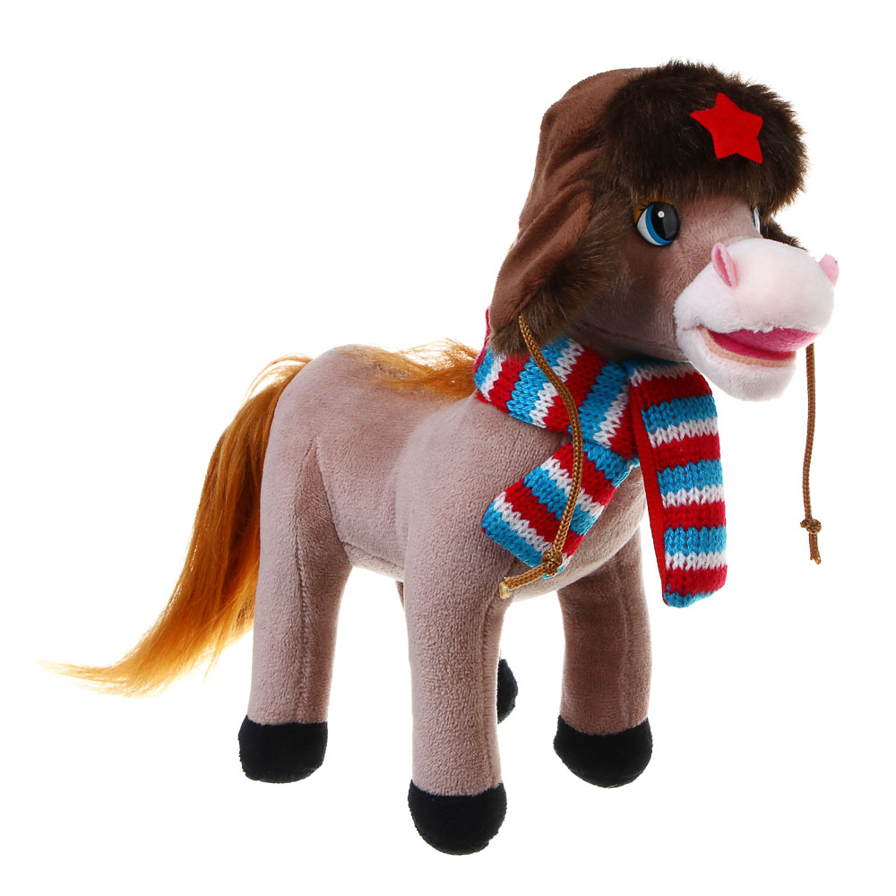 СНОУ БУМ Мягкий сувенир Лошадка в шапке-ушанке 22 см, полиэстер - #2
