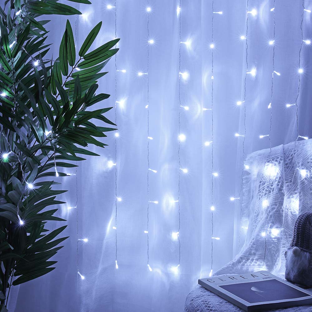 СНОУ БУМ Эл.гирлянда занавес, 1.5x1.5м, 150LED, белый, 10 нитей, пост.свеч., ПВХ прозр., 220В - #5