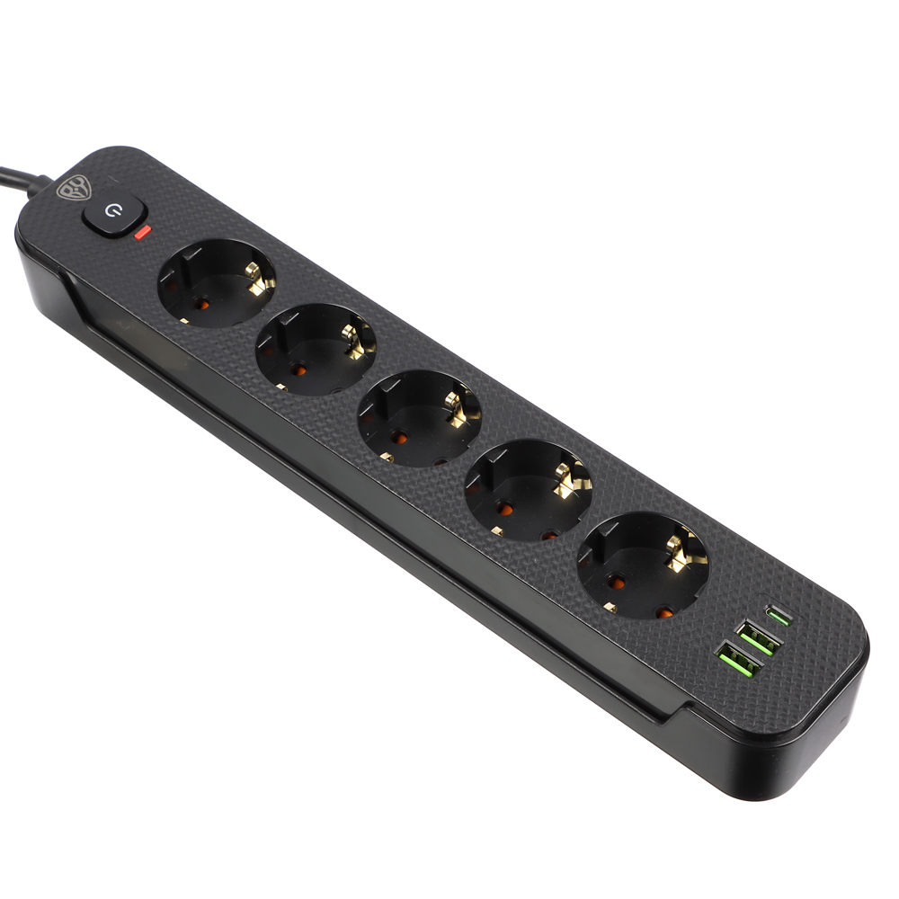 BY Удлинитель 3 м, 5 гнезд с зазем. + 2USB+ 1type C с защитой, с выкл.черн карбон сеч провода 1мм - #3