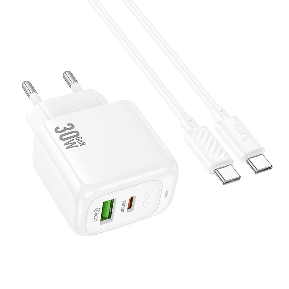 hoco. Зарядное устройство модель CS55A, USB+C 30W+ Кабель для зарядки С-С, цвет: белый - #4