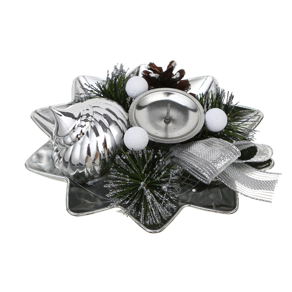 СНОУ БУМ Подсвечник с декором 17x17x6 см, пластик, металл, пенопласт - #1