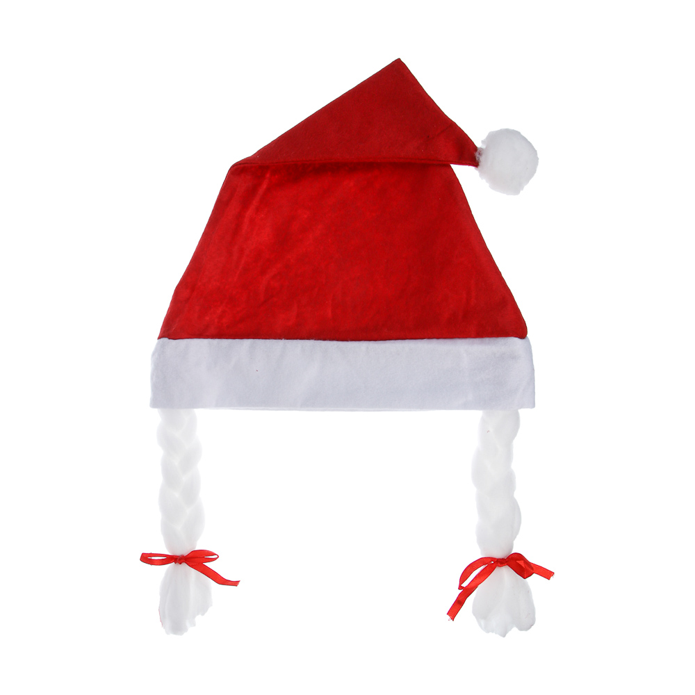 СНОУ БУМ Колпак новогодний с косами, 27x35см, полиэстер, красный - #2