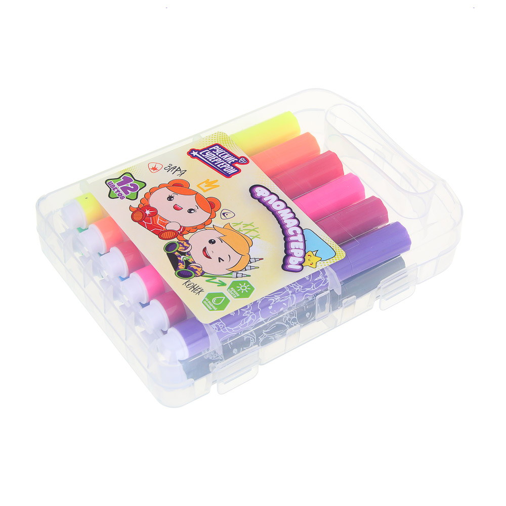 BY Русские Супергерои Фломастеры 12 цветов "Каваи", утолщенные, 10,4см., в пласт. боксе с ручкой - #2