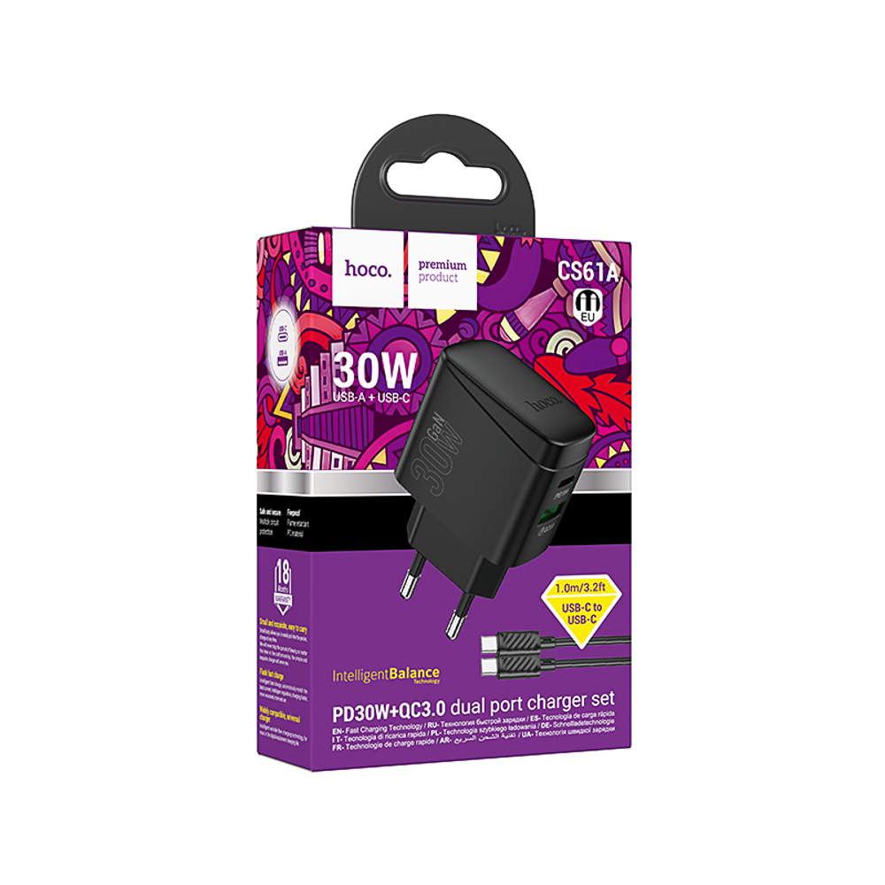 hoco. Зарядное устройство модель CS61A, USB+C 30W+ Кабель для зарядки С-С, цвет: черный - #2
