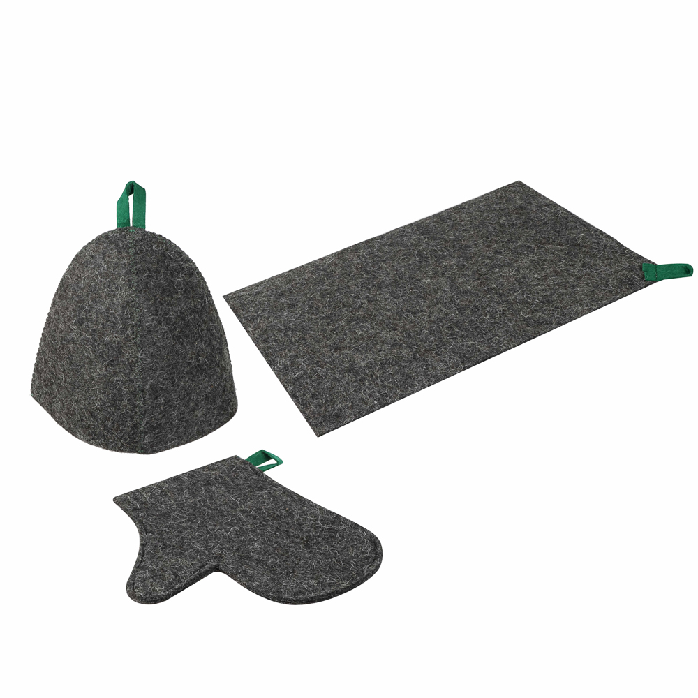 Набор банный ЭКОНОМ 3 предмета (шапка, коврик, рукавица) в пакете, войлок белый/серый - #12