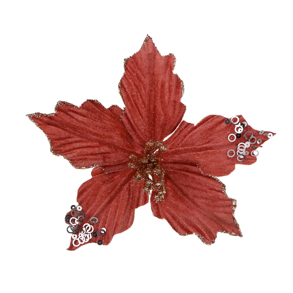 СНОУ БУМ Пуансетия 15 см на прищепке (5 лепестков), глиттер, металл, полиэстер, 26-699 - #3