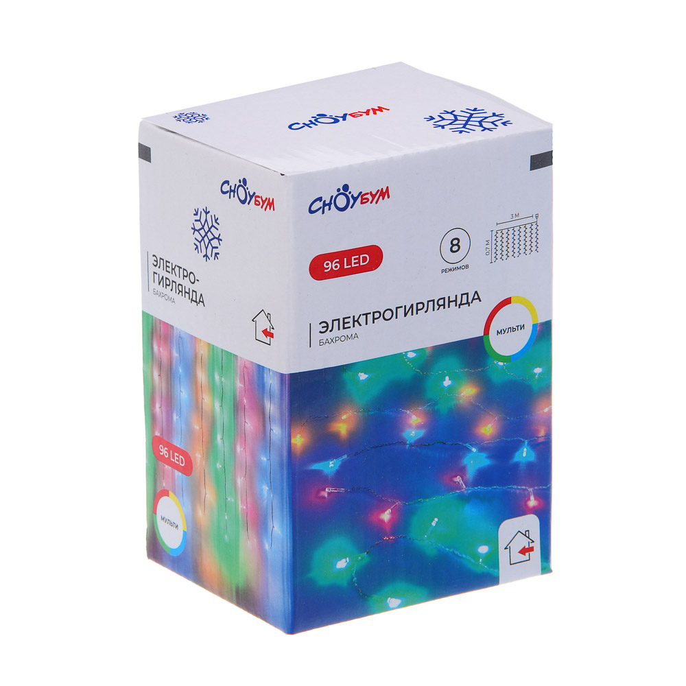 СНОУ БУМ Гирлянда эл. бахрома, 96LED, 3x0,7м, мультицвет, 8 реж, ПВХ прозр., коннектор, 220В - #5