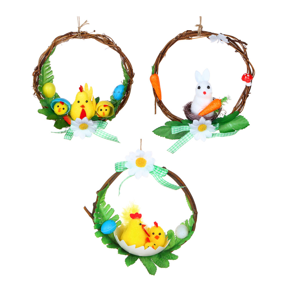 Венок Пасхальный декоративный, 15x8 см, полиэстер, дерево, пластик, пенопласт, картон, 3 вида - #1