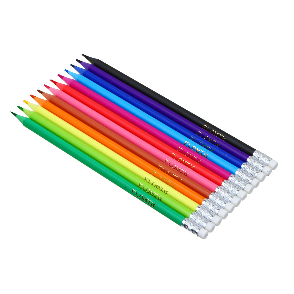 FLOMIK Набор цветных пластиковых стираемых карандашей, ластик, прокрашенный трехгр. корпус, 12 цв. - #2