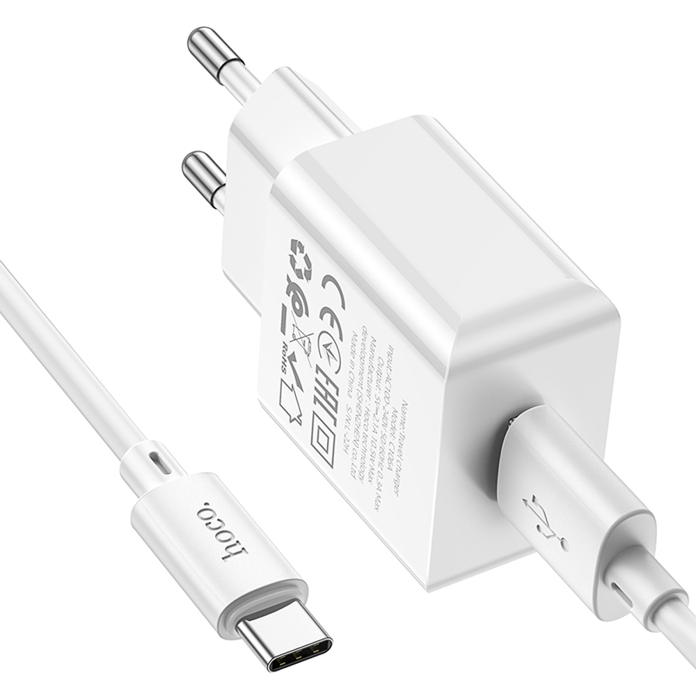 hoco. Комплект зарядное устройство с кабелем модель C106A, USB-A 10.5W, каб Type-C 1м, цвет: белый - #6