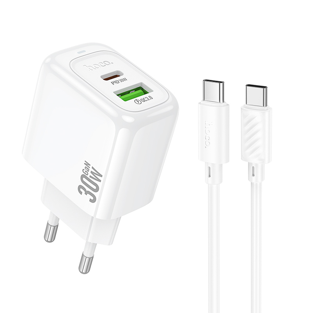 hoco. Зарядное устройство модель CS55A, USB+C 30W+ Кабель для зарядки С-С, цвет: белый - #1