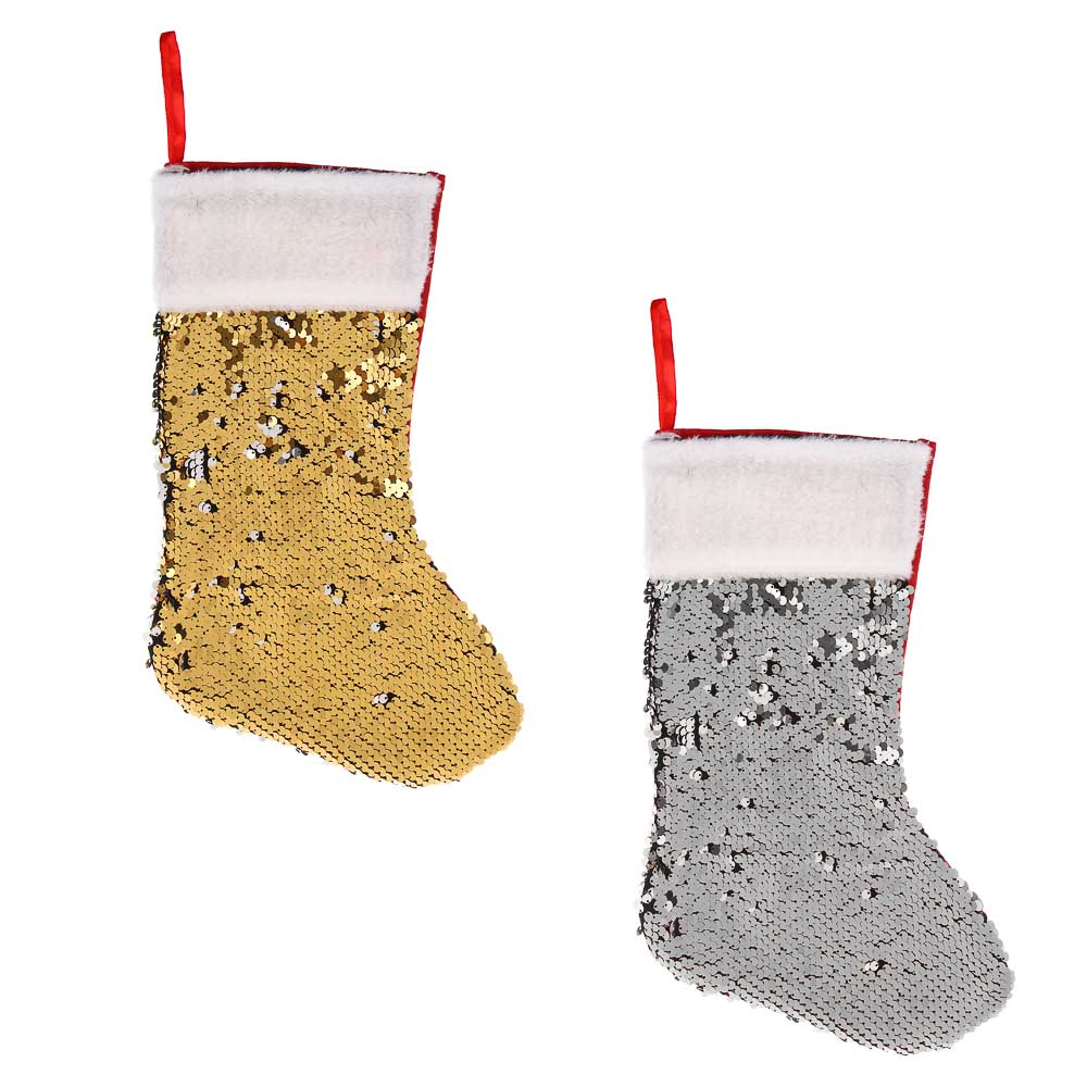 СНОУ БУМ Носок декоративный новогодний с двусторонними пайетками, 22х35см, полиэстер, 2 дизайна - #2