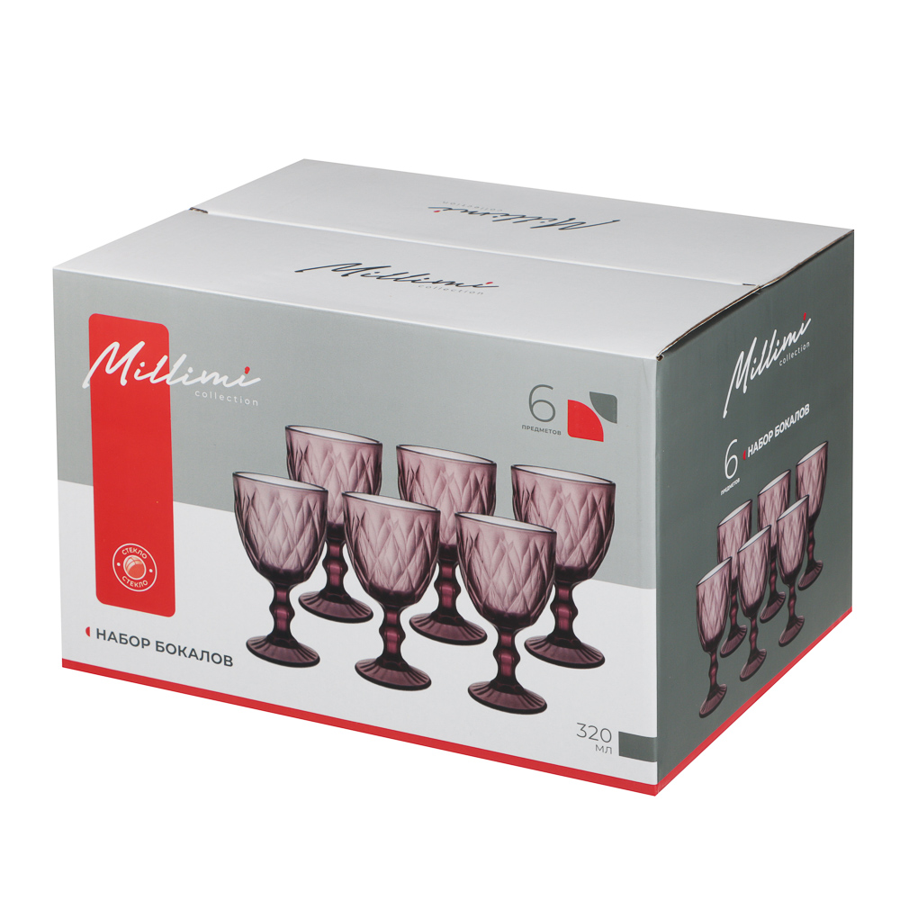 MILLIMI Набор бокалов 6 шт, 320 мл, стекло, бордовый ромб - #5