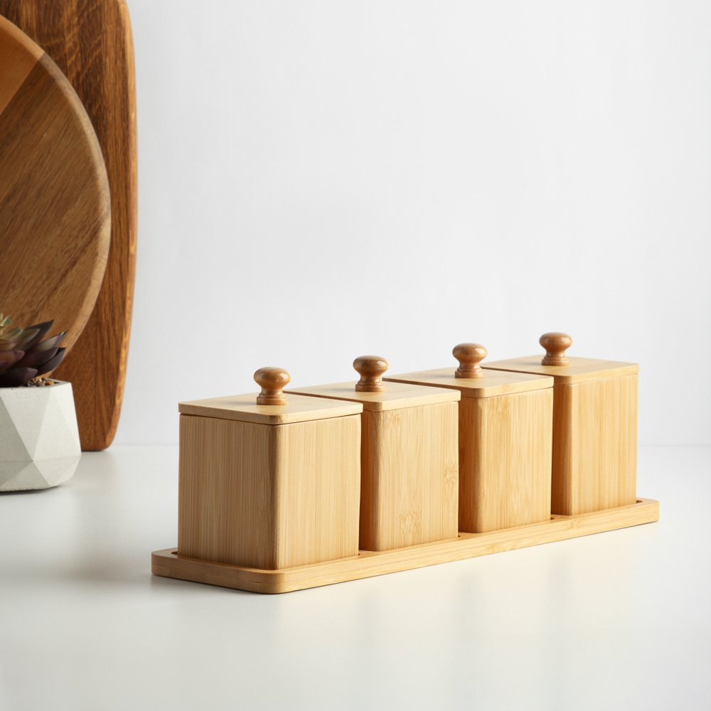 SATOSHI Набор банок для специй с крышками на подставке (7х7х10см – 4шт.), бамбук - #10