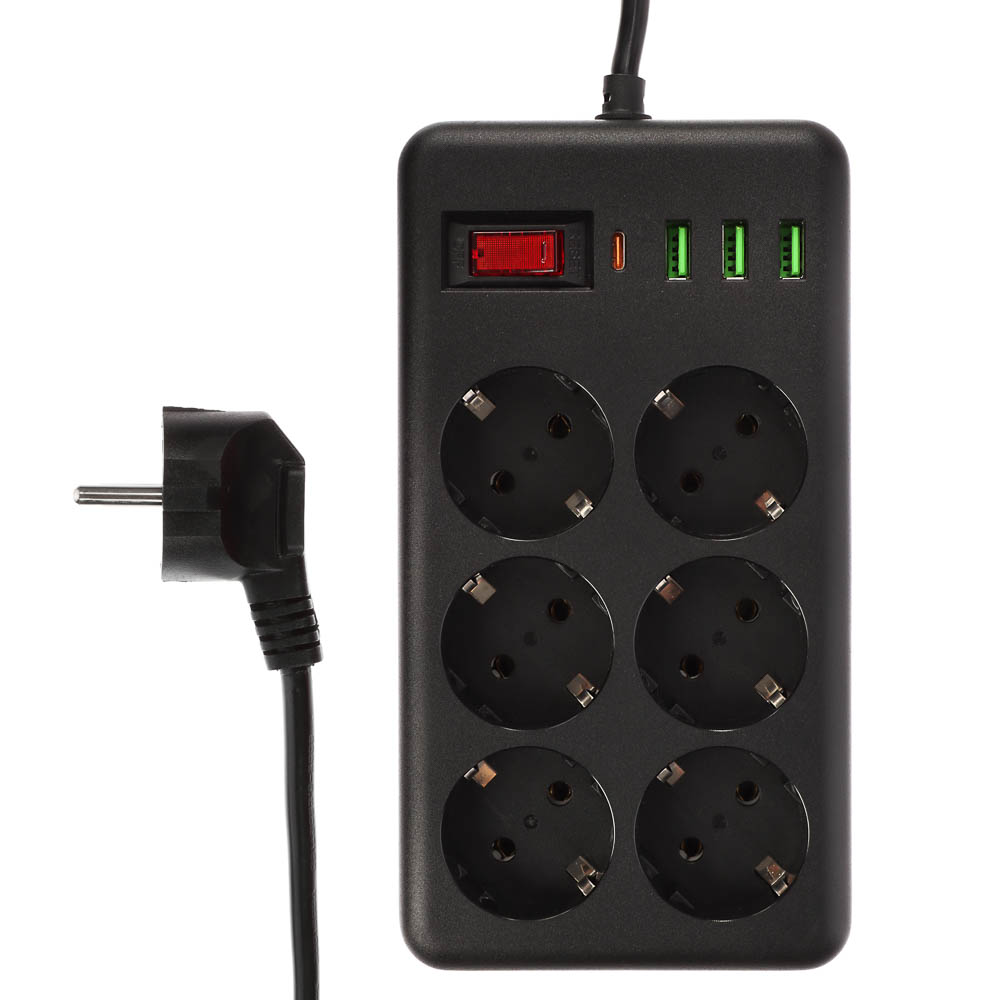 BY Удлинитель, сетевой фильтр Black 6 розеток, 3 м, 3*USB, 1*type-C,выкл., 2500Вт,чёрный - #1