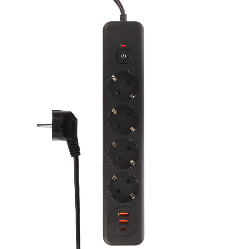 BY Удлинитель, сетевой фильтр Black 4 розетки, 3 м, 2*USB, 1*type-C,выкл., 2500Вт, чёрный - #1