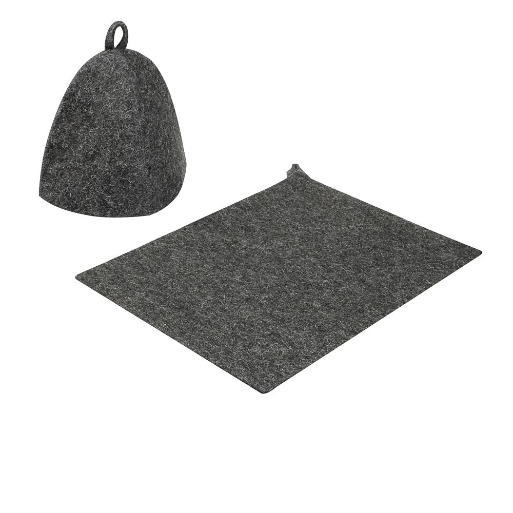 Набор банный ЭКОНОМ 2 предмета без вышивки (шапка, коврик) в пакете, войлок белый/серый - #2