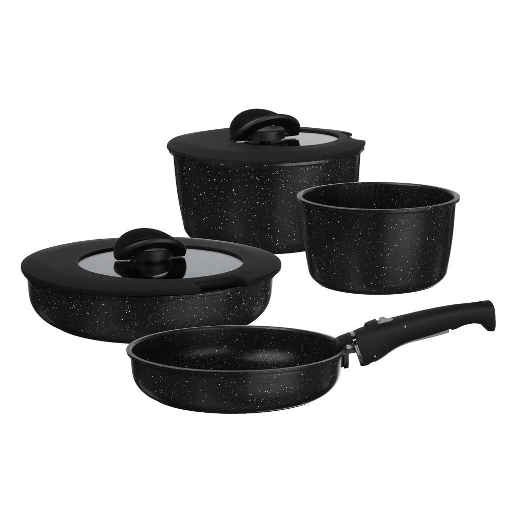 SATOSHI Нера Наб. пос. 7пр, сков.24/26см; ковш1,7л; кастр. 2,8л; +крышки, съем. руч. а/п мрамор, инд - #1