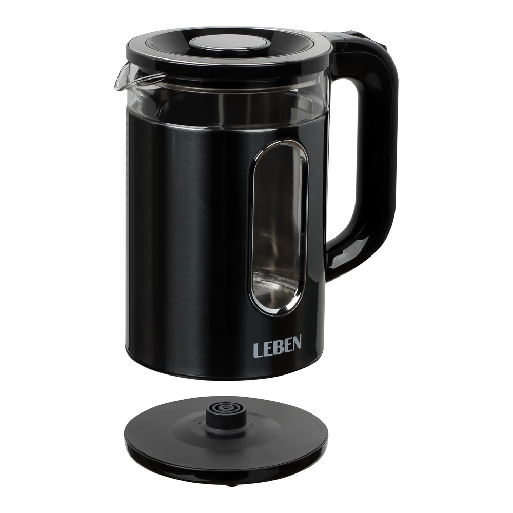 LEBEN Чайник электрический 1,8л, 1500Вт, стеклянная колба, металл, пластик, серый - #3