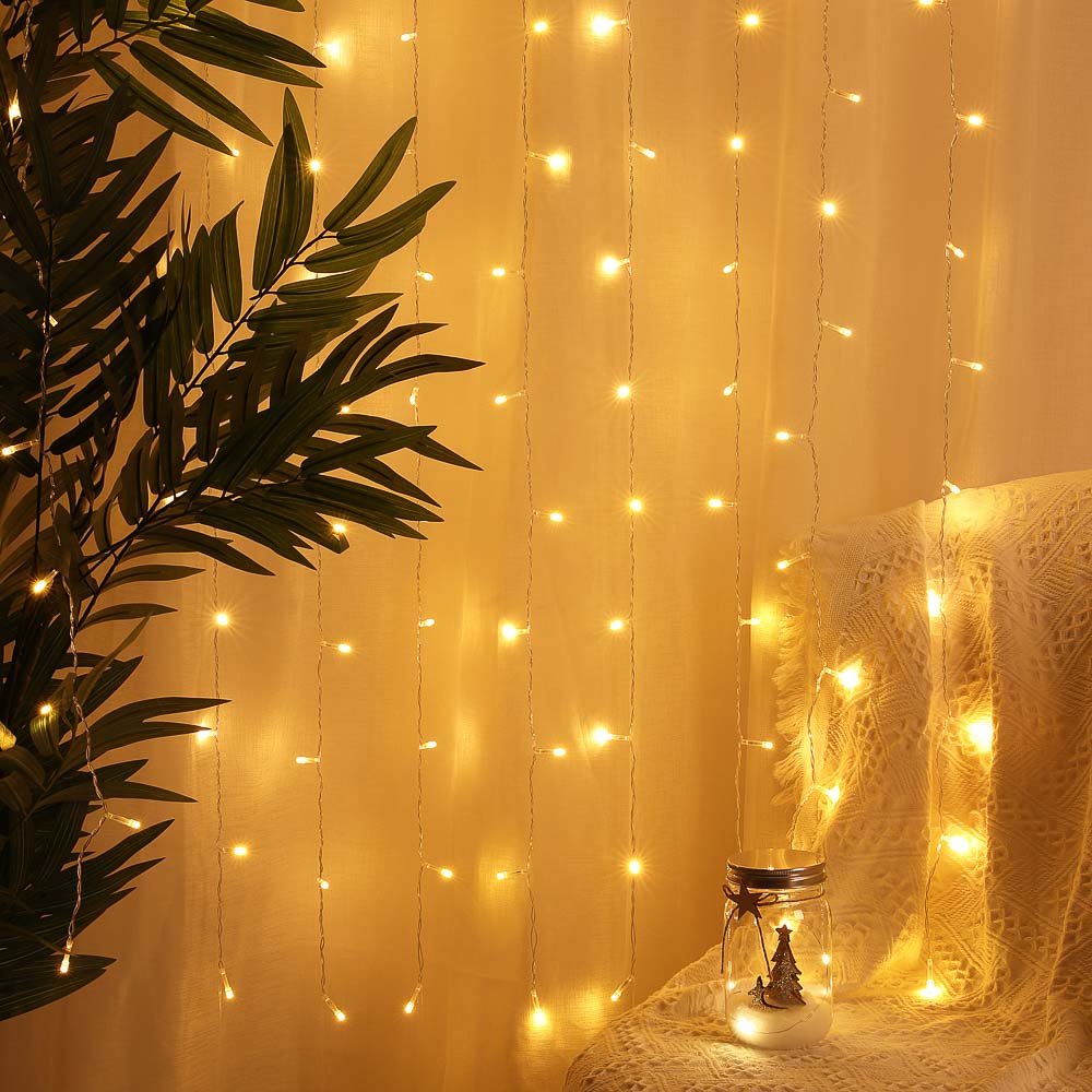 СНОУ БУМ Эл.гирлянда занавес, 1.5x1.5м, 150LED, шампань, 10 нитей, пост.свеч., ПВХ прозр., 220В - #4