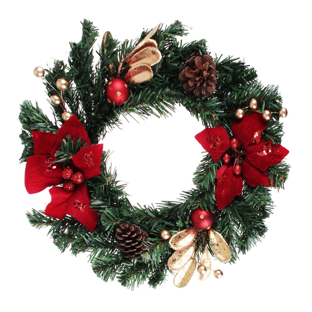 Венок Сноубум Рождественский еловый с цветами и шишками, красный с золотом, 30 см - #1