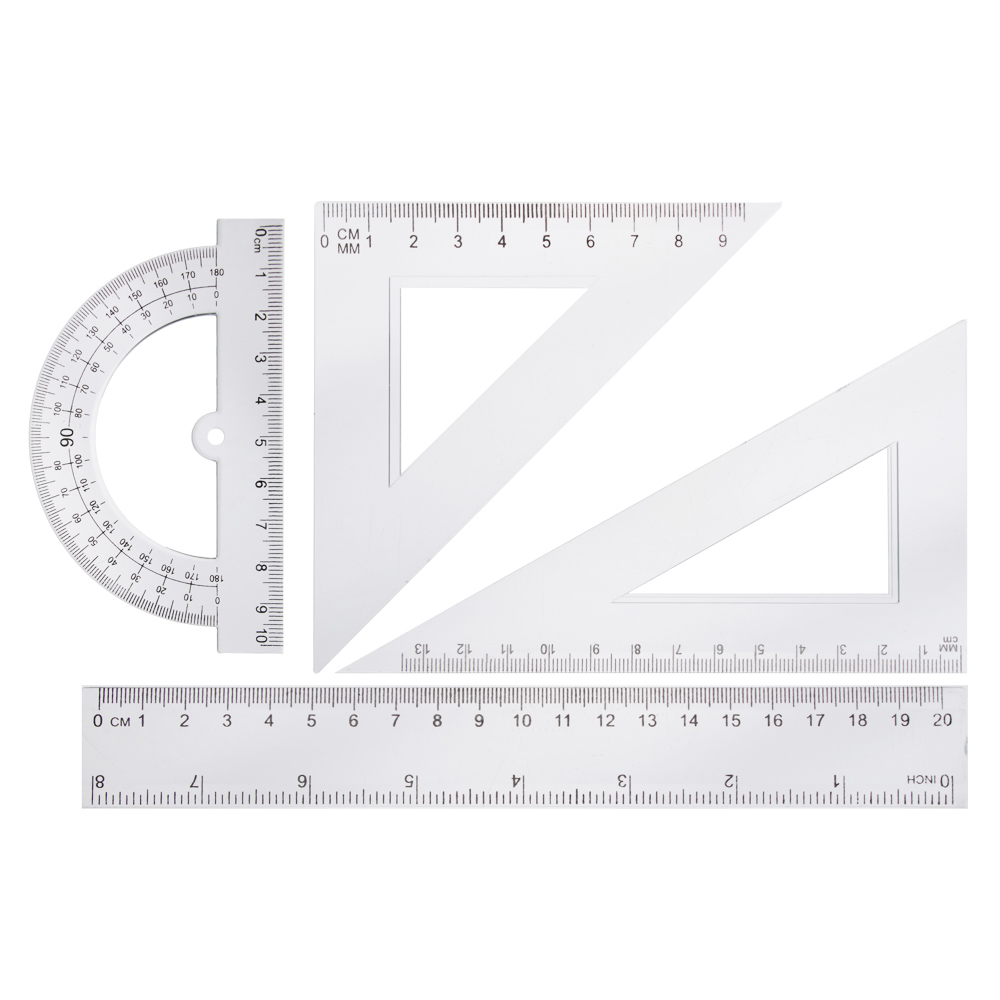 Геометрический набор, 4 предмета (линейка 20см, 2 угольника, транспортир)  прозрачный купить с выгодой в Галамарт