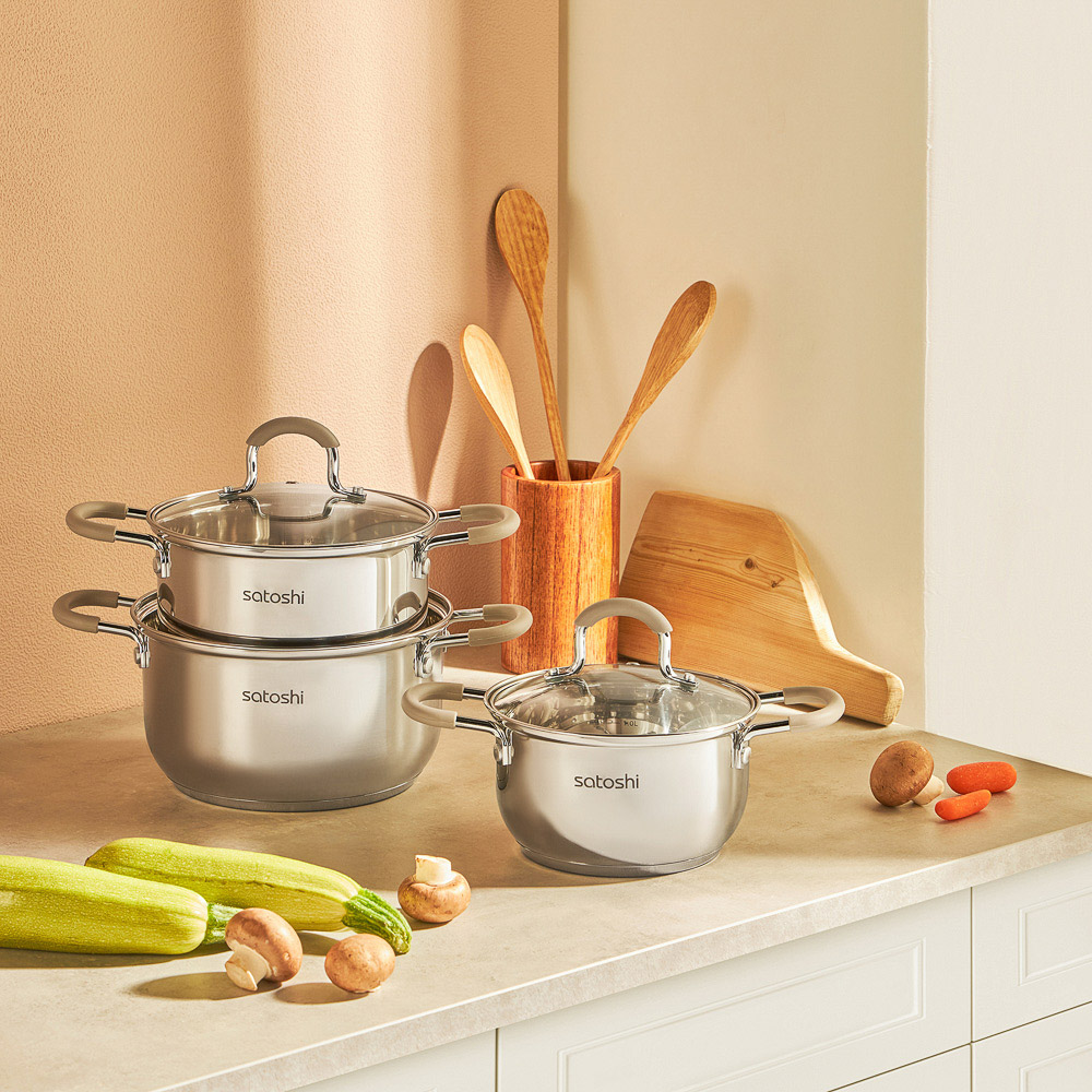 SATOSHI Альбер Набор кастрюль 6 пр.: 1,8л, 2,5л, 3,5л, бежевые силиконовые ручки, со стекл. крышкой - #9
