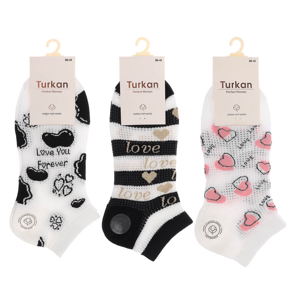 Носки женские короткие с рисунком, тм Turkan, р. 36-41, 90%хлопок,8% п/а, 2%лайкра,разноцветные,6460 - #6