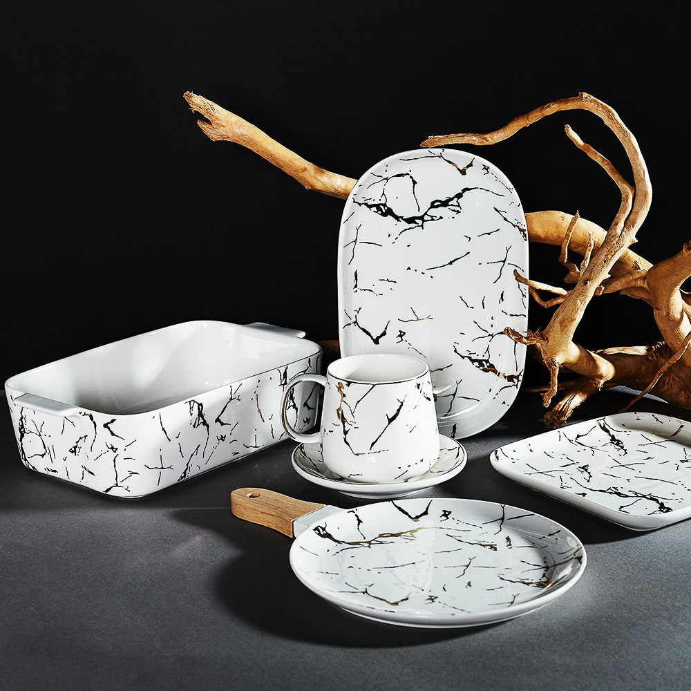 MILLIMI Марбл Форма для запекания и сервировки прямоугольная с ручками, 28х16,5х7,5см, кост.фарфор - #6