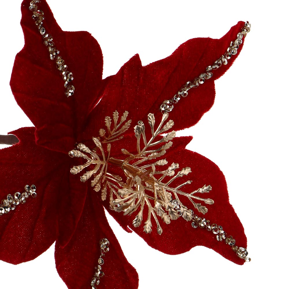 СНОУ БУМ Пуансетия 15 см на прищепке (5 лепестков), глиттер, полиэстер, металл, 26-417 - #2