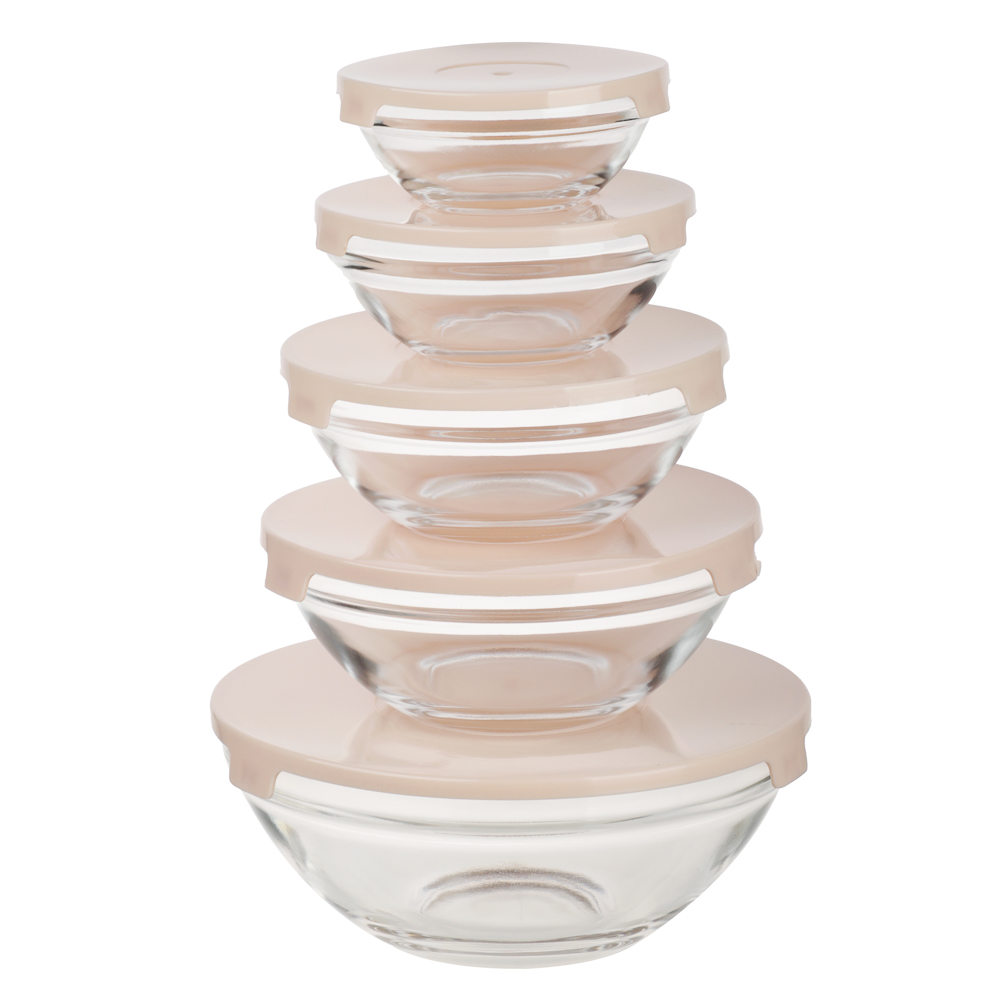 MILLIMI Набор салатников с крышкой 5 шт: 900/ 500/350/200/130 мл, стекло, пластик, бежевый - #1