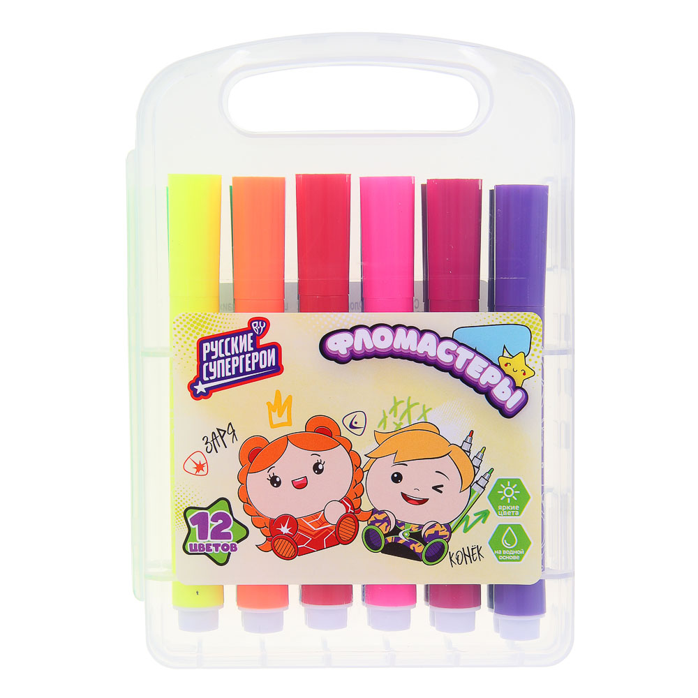 BY Русские Супергерои Фломастеры 12 цветов "Каваи", утолщенные, 10,4см., в пласт. боксе с ручкой - #1