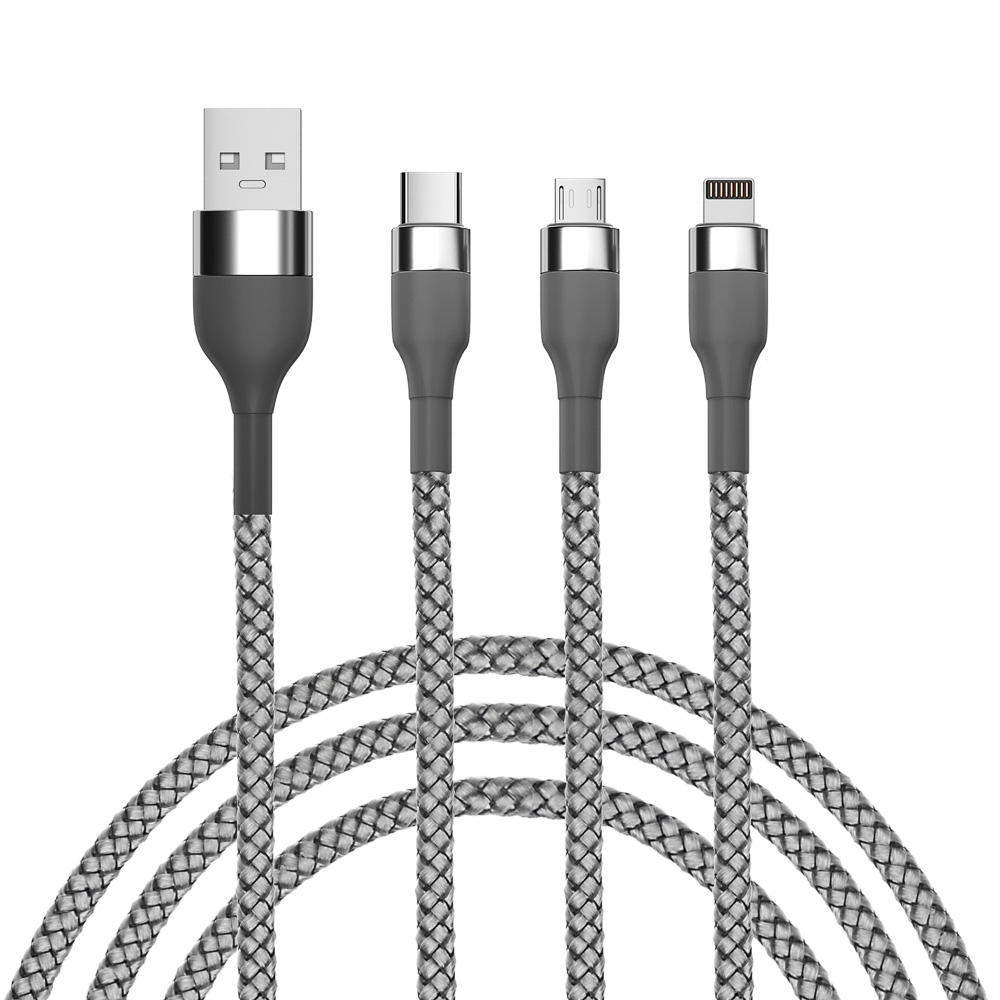 BY Кабель для зарядки 3 в 1, iP/Micro USB/Type-C, 1.5м, 2.1А, тканевая оплётка, металлик, серый - #1