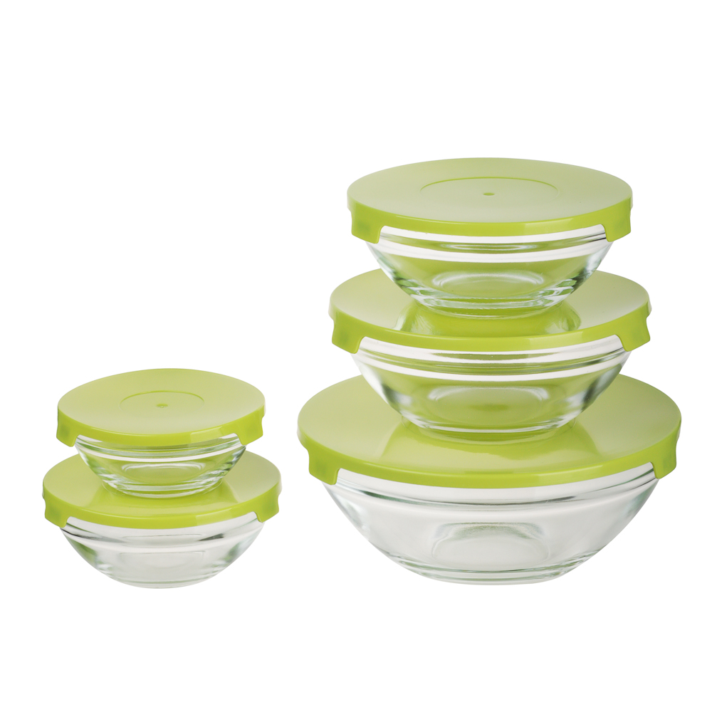 MILLIMI Набор салатников с крышкой 5 шт: 900/ 500/350/200/130 мл, стекло, пластик, оливковый - #3