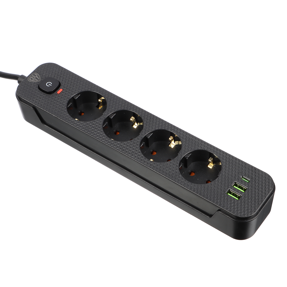 BY Удлинитель 3 м, 4 гнезда с зазем. + 2USB+ 1type C с защ., с выкл. черн. карбон сеч провода 1мм - #3