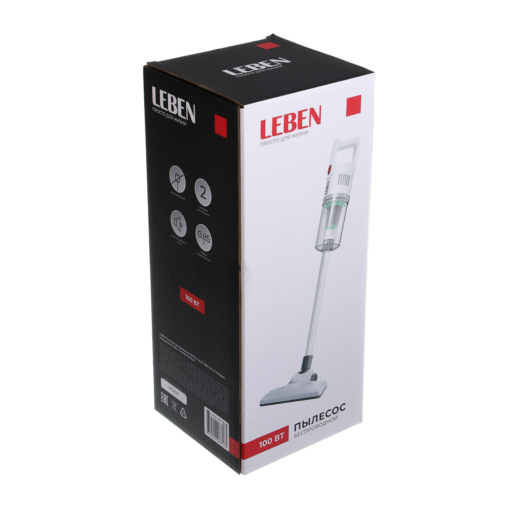 LEBEN Пылесос беспроводной, 100Вт, 7.4В/2300 мАч, 2 насадки, Hepa фильтр, 0,85л, пластик, белый - #2