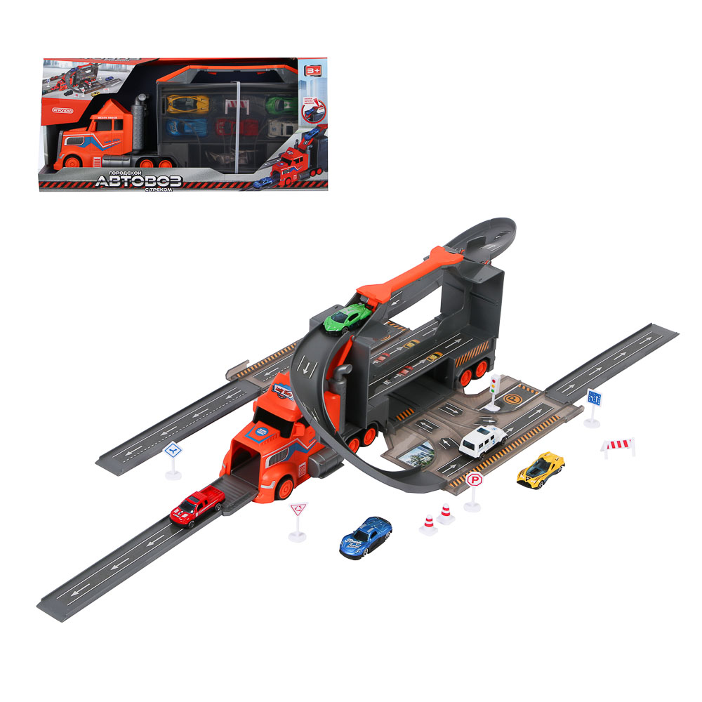 ИГРОЛЕНД Городской автовоз с треком, 5 машин, дорожные знаки, ABS, металл, 46,5х13х21 см - #1