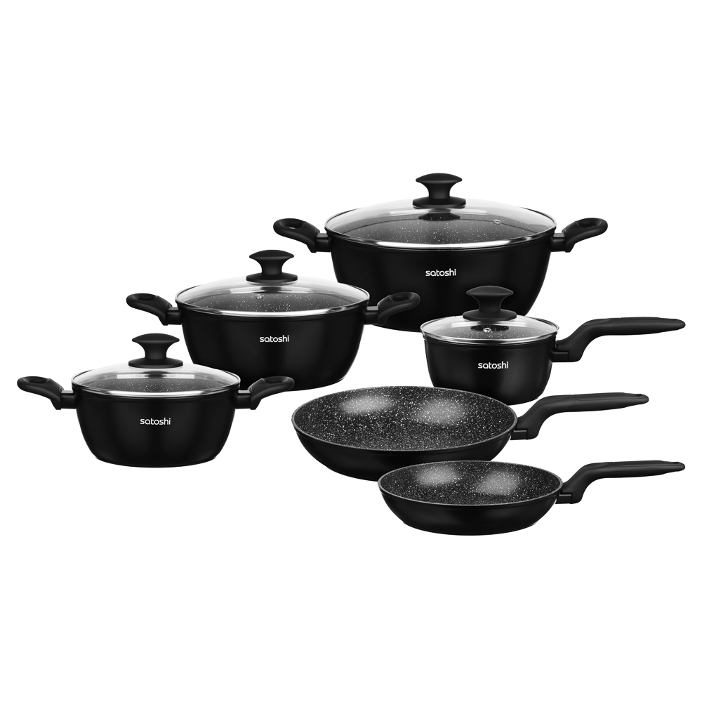 SATOSHI Стоун Наб.пос.10пр, ковш+крышка 1,3л, кастр.+крышки 2,3;3,8;5,7л, сковороды 24,28см, индукц. - #1