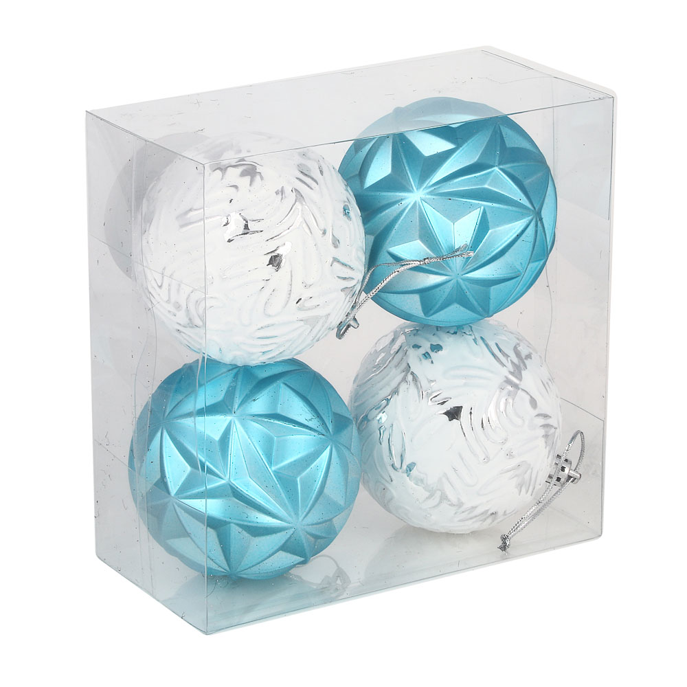 СНОУ БУМ Набор формовых шаров с рисунком 4шт 8см, голубой, белый, пластик - #4