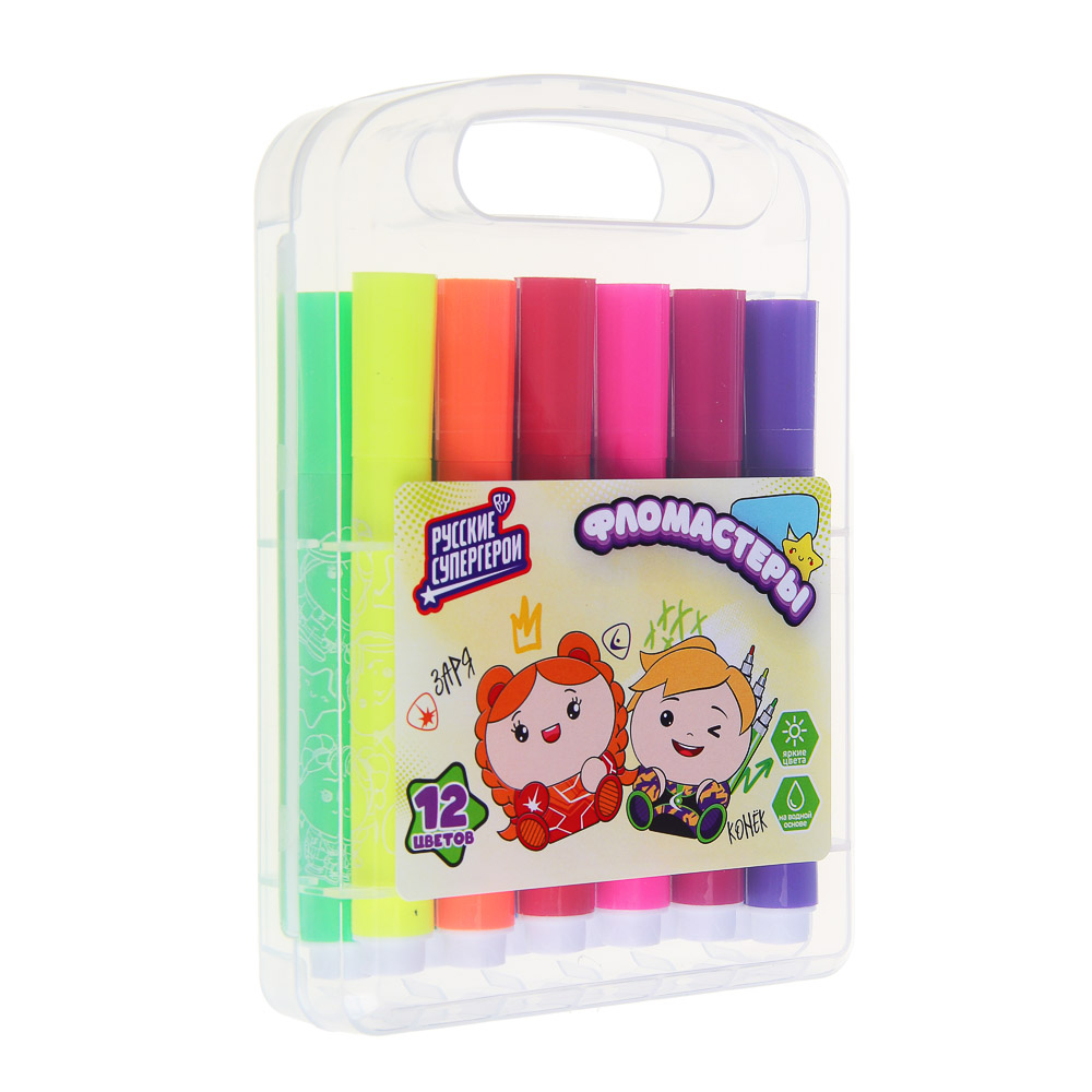 BY Русские Супергерои Фломастеры 12 цветов "Каваи", утолщенные, 10,4см., в пласт. боксе с ручкой - #9